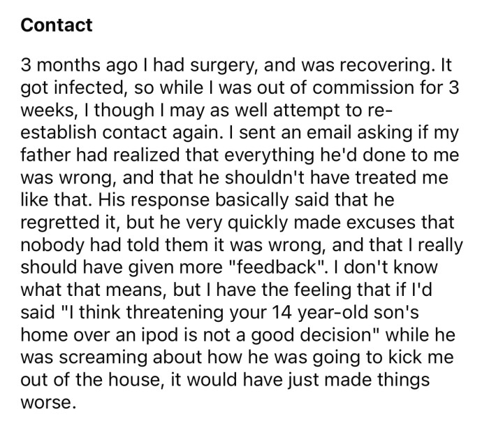 The Redditor decided to try to re-establish a connection with his mother and father.