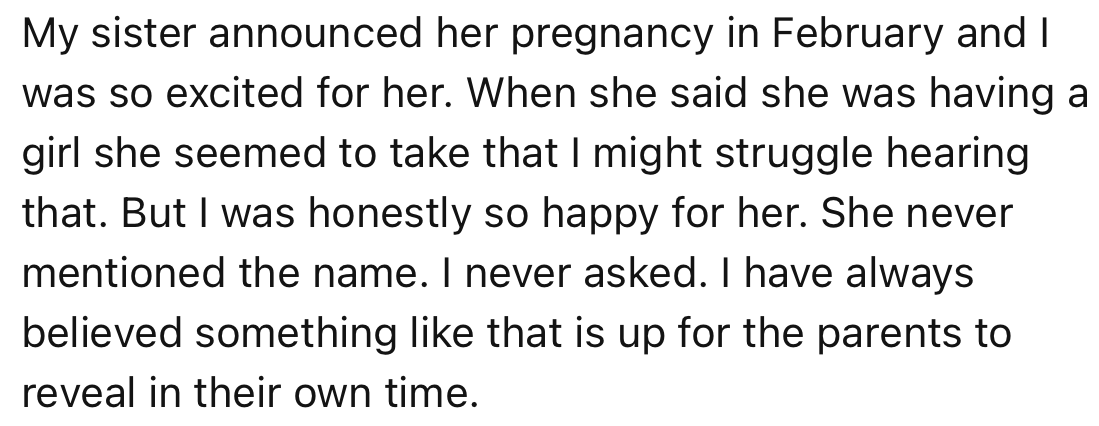 Shortly after, more good news came to the family — OP’s sister was having a baby girl!