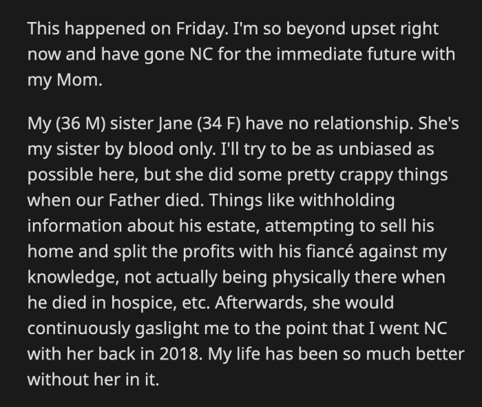 Half of OP's family and Jane were in his mother's living room when they walked in. They announced it was an intervention about OP's relationship with Jane.