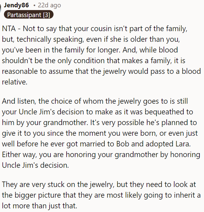 It's reasonable for inheritance to go to blood relatives.