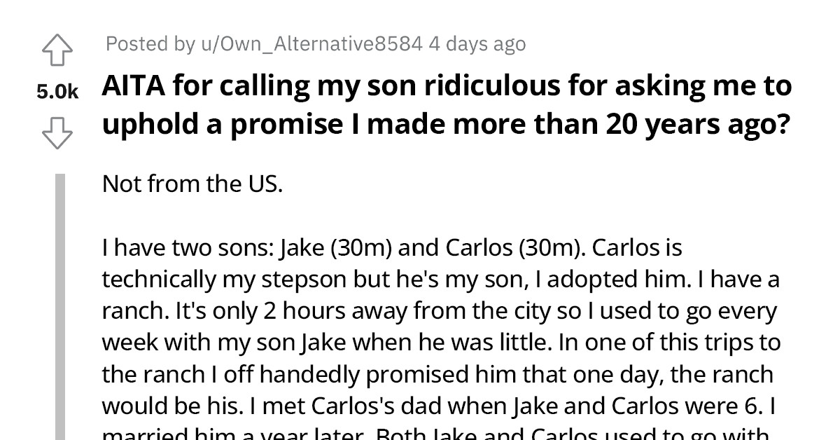 Mother Calls Son Insane And Ridiculous After He Reminds Her Of A Promise She Made 20 Years Ago