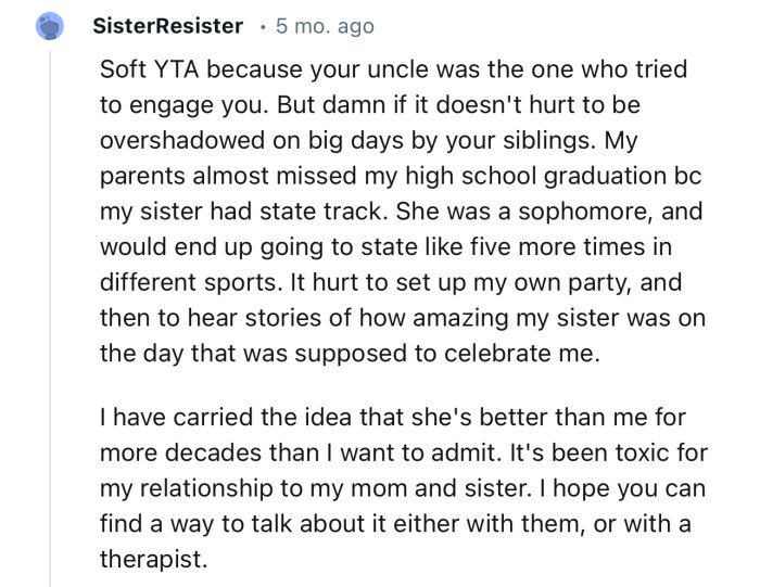 “Soft YTA because your uncle was the one who tried to engage you.”