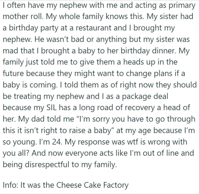 OP now has a maternal role, but her parents are not comfortable with that.