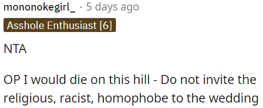 Absolutely no invitations for intolerant individuals to the wedding.