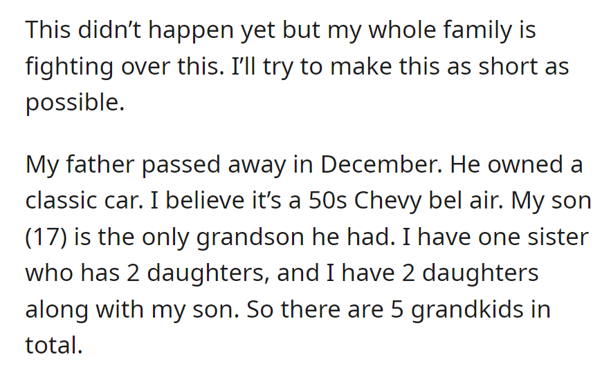 Family Disputes Over Late Father's 50s Chevy Bel Air: Grandson (17) or Shared Among Five Grandchildren.