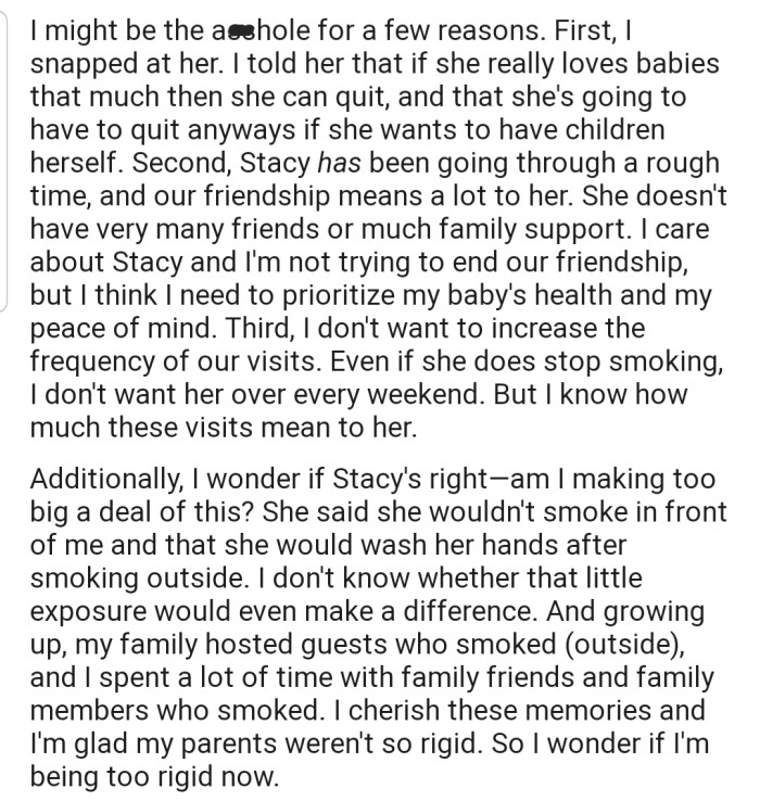OP has decided to prioritize her baby's health over their friendship. However, a part of her feels guilty that she's taking things too far