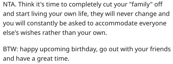 8. It's best if she cuts off her family completely.