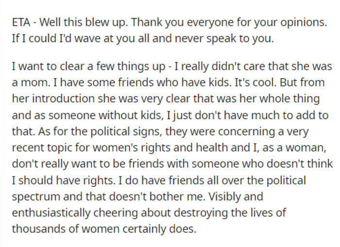 She edited to add a disclaimer and clarification on why she reacted this way and why she included certain details.