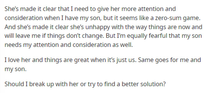 He basically wants to know if he should leave her or if they could possibly find another solution they would both be fine with.