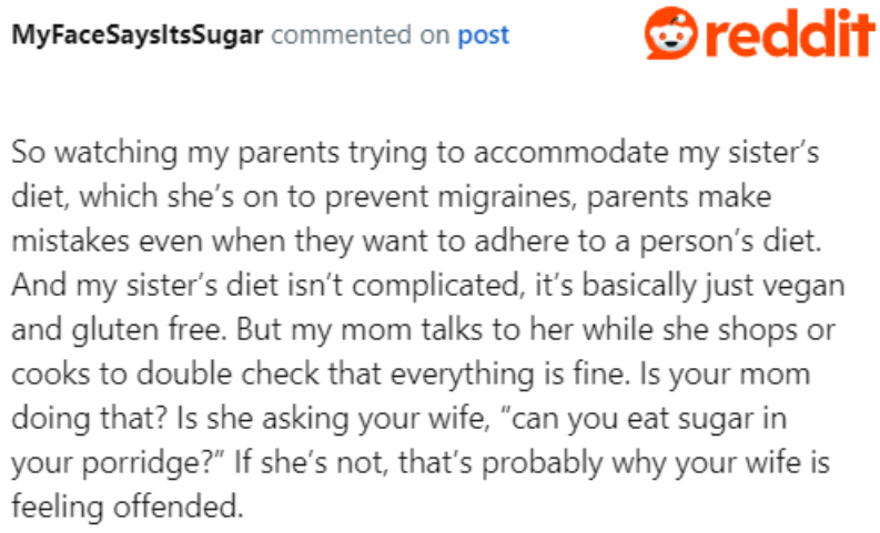 If the mom is aware of the OP's wife's condition, how come she didn't bother asking about what's the best diet for her DIL?