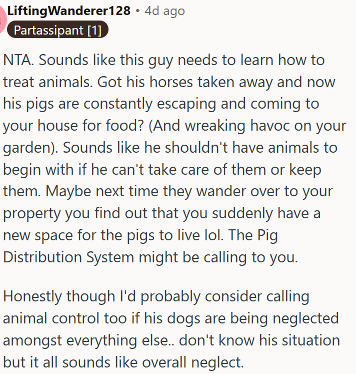 Negligent Neighbor Risking Animals' Welfare.