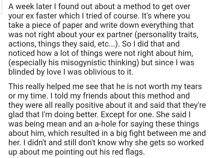 OP Tried Out a New Coping Method to Get Over Her Ex. Unfortunately, One of Her Friends Wasn't Okay with This 