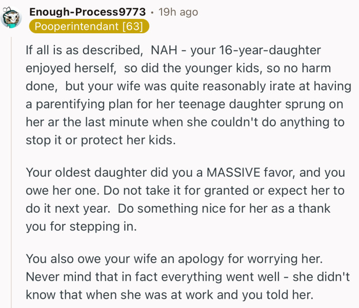 “NAH - your 16-year-daughter enjoyed herself,  so did the younger kids, so no harm done.”