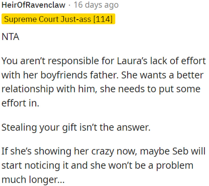 She can't expect a better relationship with her boyfriend's father without putting in the effort herself.