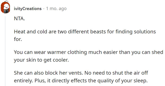 The roommate can block her vents; there is no need to shut it off completely.