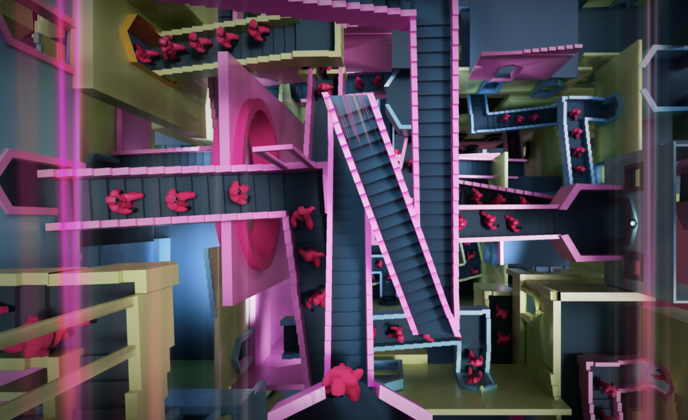 The show's iconic colorful set also makes a comeback this season teeming with ominous pink-clad workers.