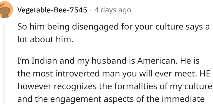 Partners should acknowledge the differences in culture and help their partners out.