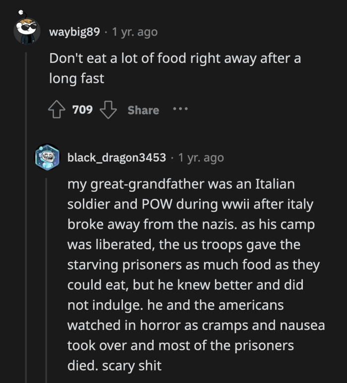 22. Eat and drink in small portions at intervals after a long fast