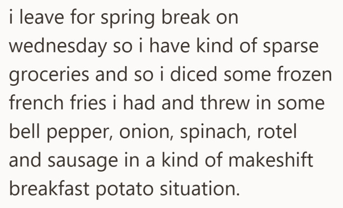 Just a simple, last-minute dinner before leaving for break, nothing out of the ordinary.