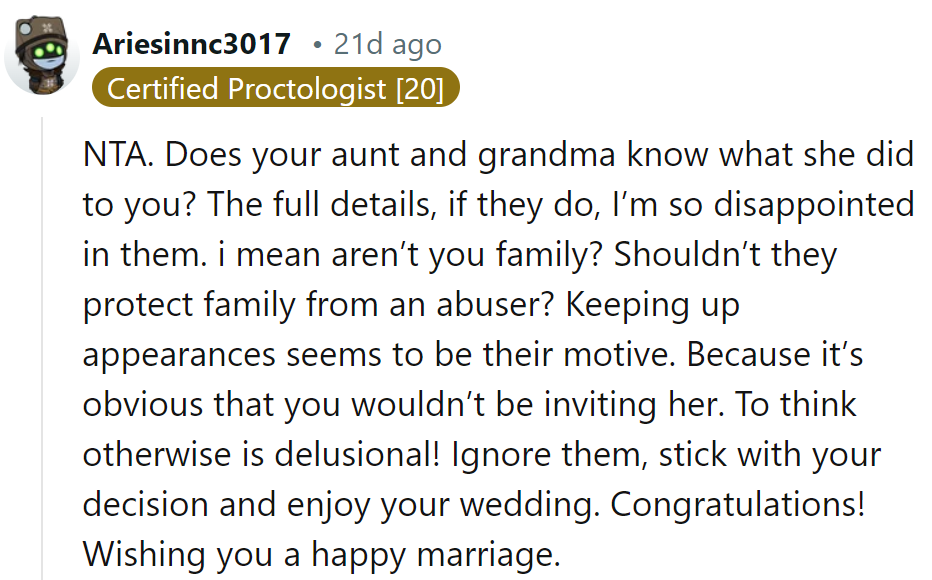 If they know, they need a reality check. Stick to her guns, enjoy the wedding!