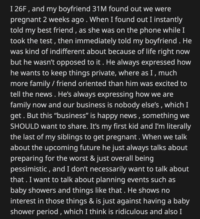 She just can't support his radio silence approach when it comes to her pregnancy