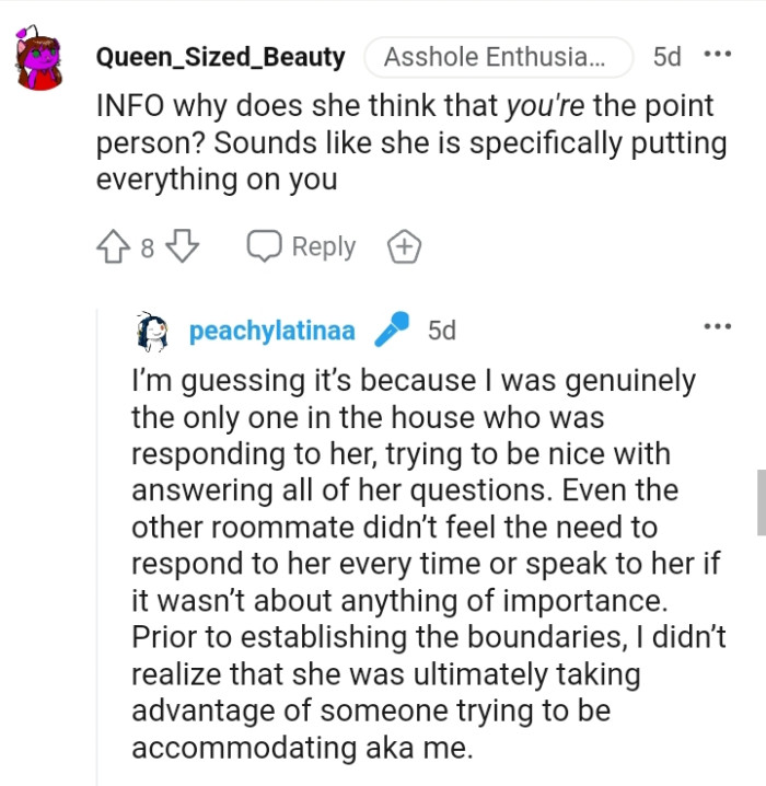 The OP says the other roommate doesn't feel the need to respond