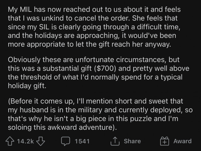 The gift was quite expensive, and OP thought it didn't make sense to let it go through.