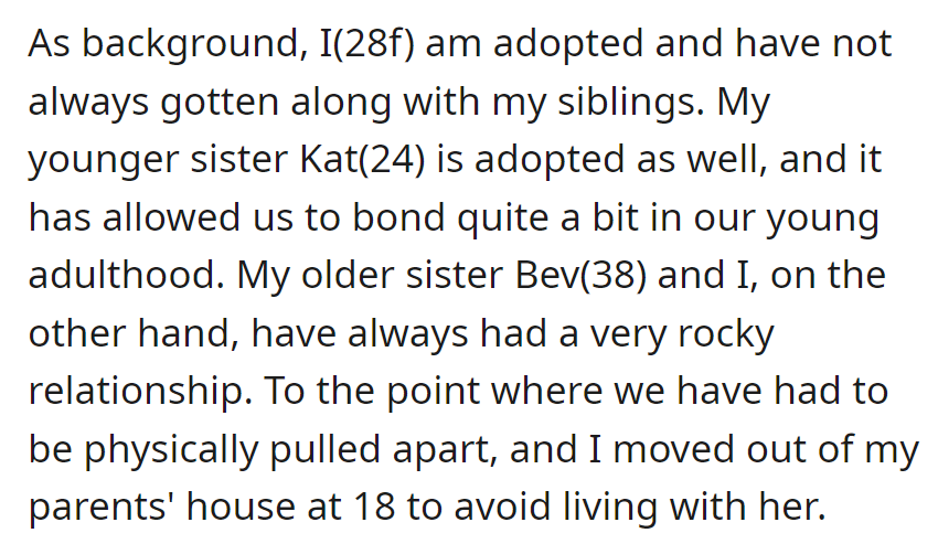 A 28-year-old woman, adopted and estranged from her older sister Bev, finds solace with her younger adopted sister Kat, forging a strong bond through shared experiences.