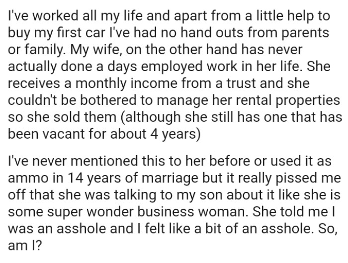 OP's wife couldn't be bothered to manage her rental properties, so she sold them