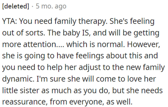OP should consider family therapy to help his daughter adjust to the arrival of her baby sister.