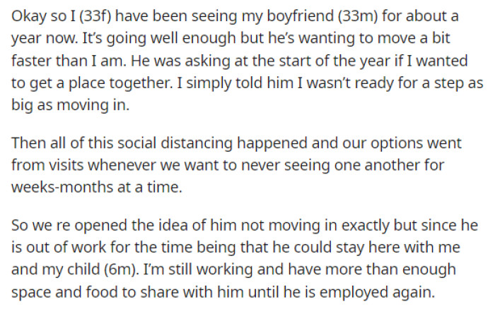 OP starts off her post by explaining her relationship with her boyfriend and how their relationship has been progressing.