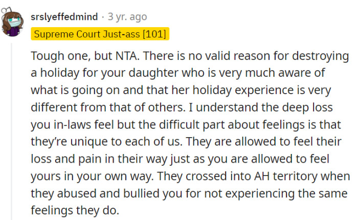 Losing someone is tough, but ruining a holiday for a young child is a bit Grinchy.
