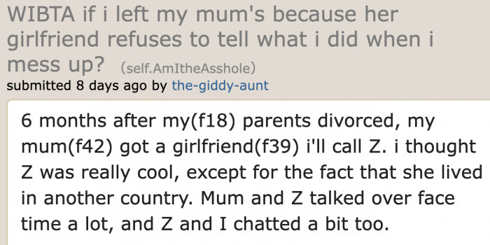 The OP's parents are divorced. And now, her mom has a new partner.