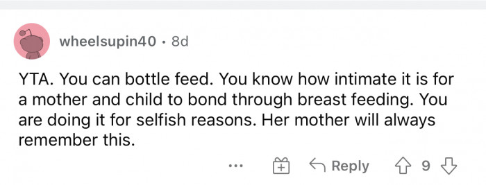 The first YTA post claims her other option could be bottle feeding.