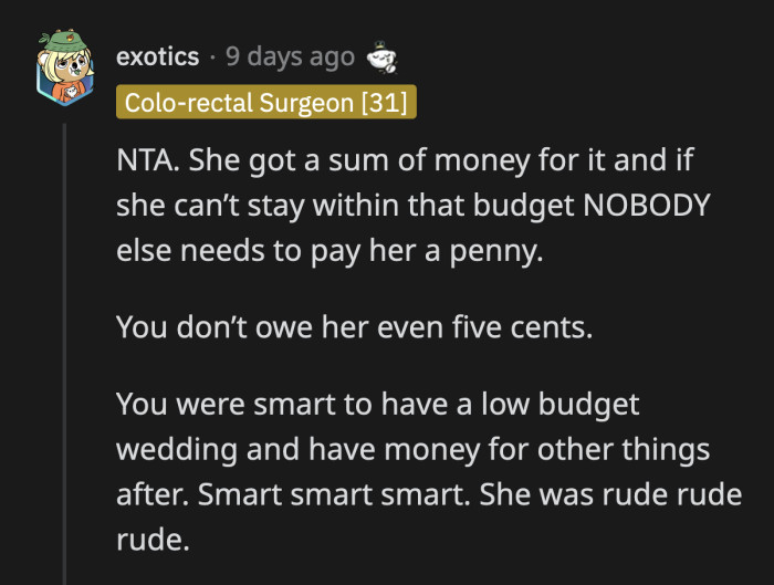 OP shouldn't be punished for thinking beyond her wedding day.