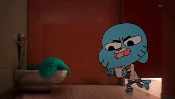 3. The poor balloon was sad that it didn't have the strength to inflate itself, so Gumball saved him by blowing him up in the bathroom