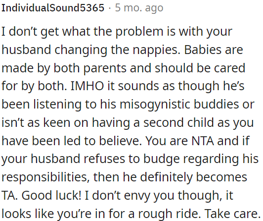 OP's husband should share the responsibility of changing diapers, as both parents play a role in caring for the baby.