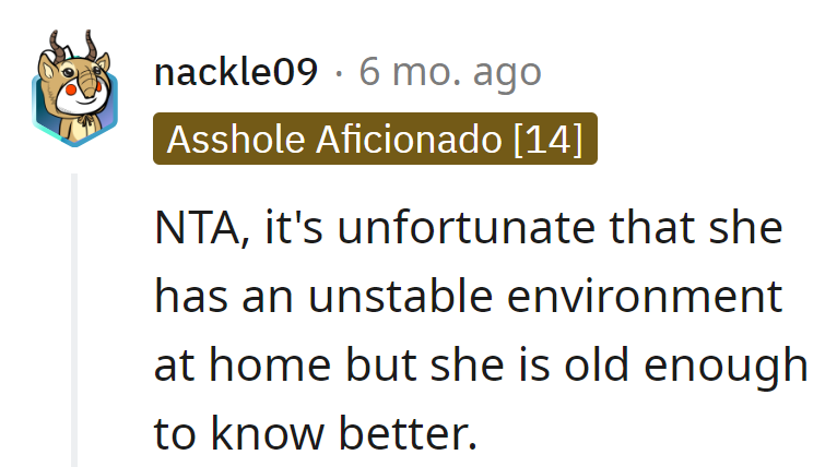 She might have a chaotic home, but at her age, she should be a maestro of better decisions, not a composer of chaos.