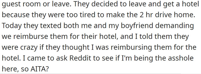 In the end, the parents decided to leave and rent a hotel room