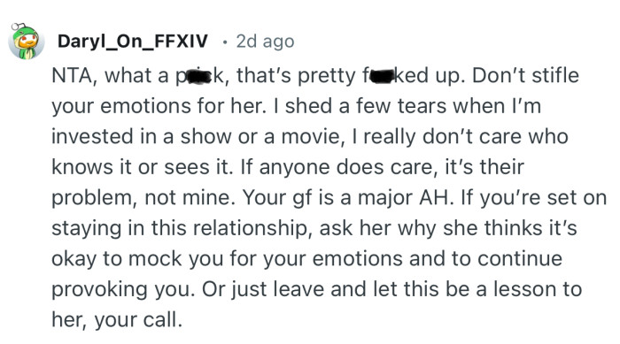 “NTA. She is awful for this. There is nothing wrong with crying because of a sad or emotional story.”
