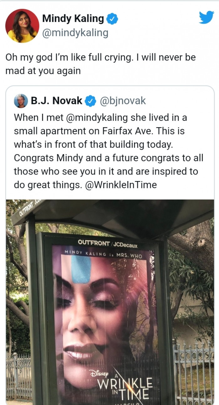 Mindy then replied to BJ, saying that this was the sweetest thing ever.