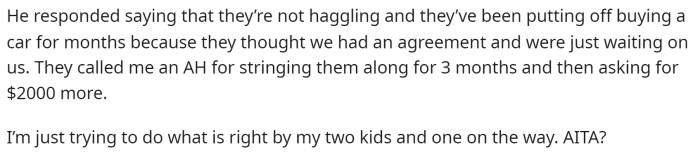 He wants to know if he is in the wrong for raising the price based on the price he saw on Carvana because people are telling him that he is.