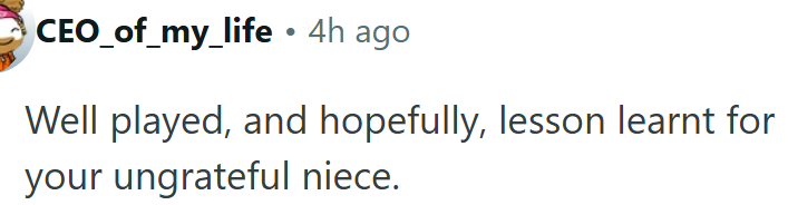 A lesson learned for OP's ungrateful niece.