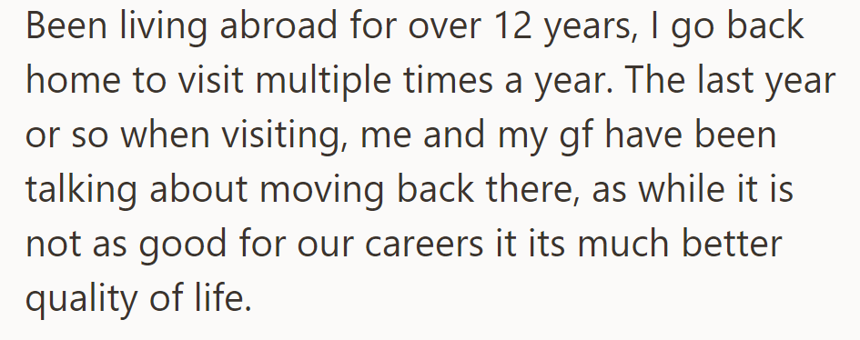 After 12 years abroad, OP's considering moving back home for a better quality of life despite career compromises.