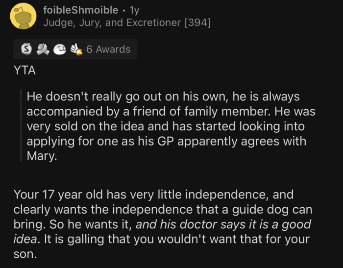 Op's son can have more independence if he gets a guide dog.