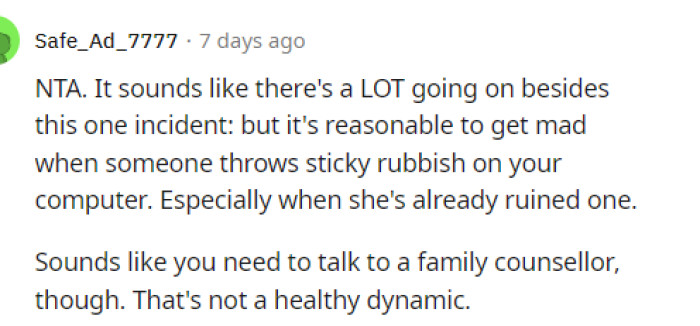 It does sound like there are a lot of problems going on that go beyond this situation, and maybe they should consider therapy.