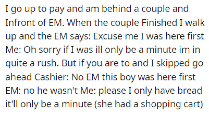 OP got into an argument with a woman about whose turn it was at the cash register
