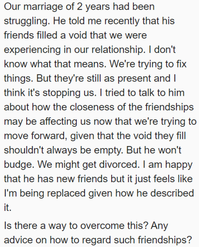 The husband mentioned that the two friends are filling the void.