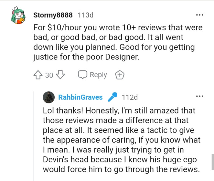 Good for the OP for getting justice for the poor designer