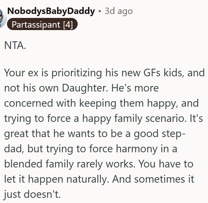 OP's ex is forcing a blended family while neglecting his own daughter.